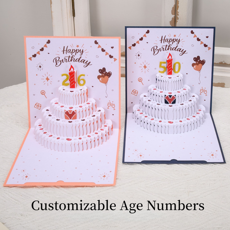 4-Pack - DIY Heart-Shaped Cake 3D Pop-Up Birthday Cards, Two-Color Paper Cut Foldable Greeting Cards - Red