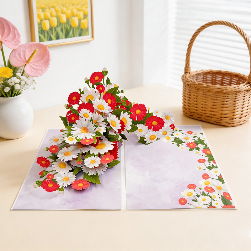 2PCS-Red & White Daisy Bouquet 3D Pop Up Card, Fresh Paper Craft Festival Greeting Message Card