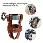 Adjustable Double-Layer PU Leather Bike Cup Holder, Universal Water Bottle Rack for Bicycles, E-bikes—Brown
