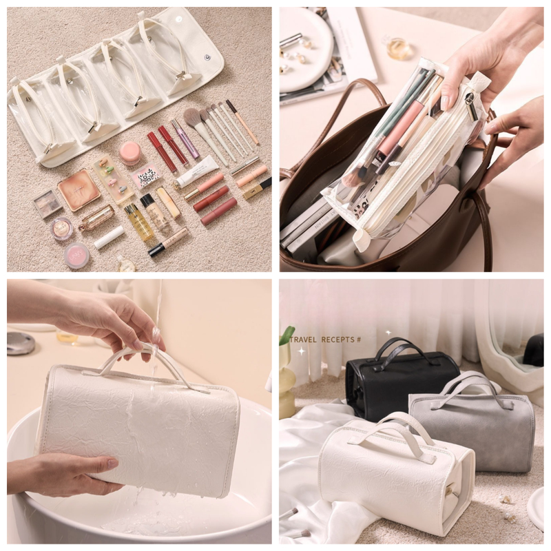 4-in-1 Travel Makeup Bag, Waterproof Foldable Large-Capacity Cosmetic Organizer, Hanging Wash Bag - Black