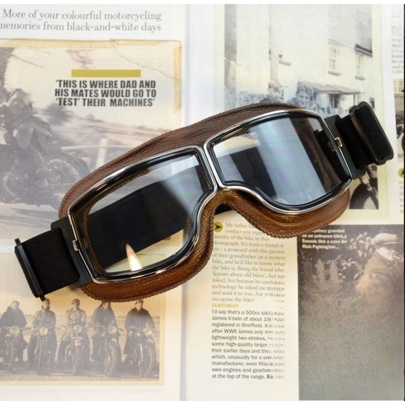 Vintage Harley Motorcycle Riding Goggles, Windproof Eyewear for Electric Bikes & Off-Road—Brown Frame, White Lenses