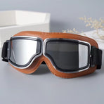 Vintage Harley Motorcycle Riding Goggles, Windproof Eyewear for Electric Bikes & Off-Road—Brown Frame, Silver Lenses