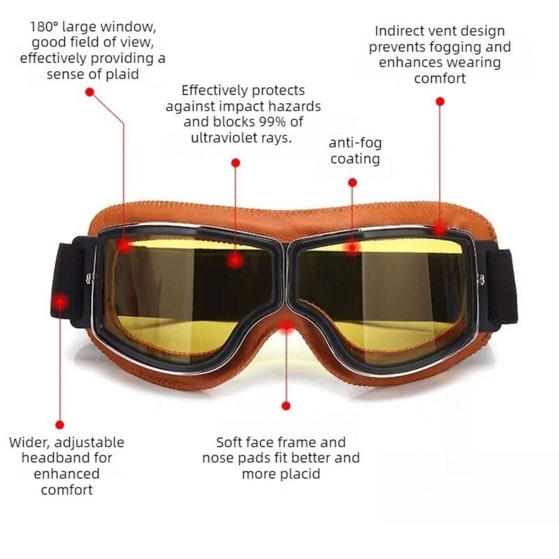 Vintage Harley Motorcycle Riding Goggles, Windproof Eyewear for Electric Bikes & Off-Road—Brown Frame, Silver Lenses