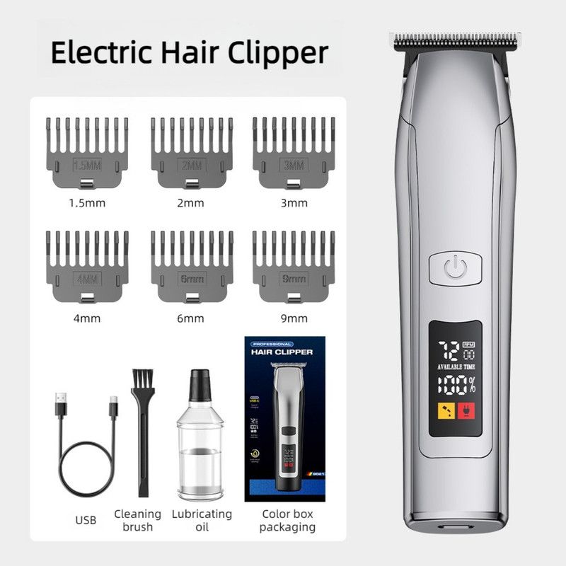 Smart Digital Display Hair Clipper, Rechargeable and Washable for Home and Barbershop Use—Silver