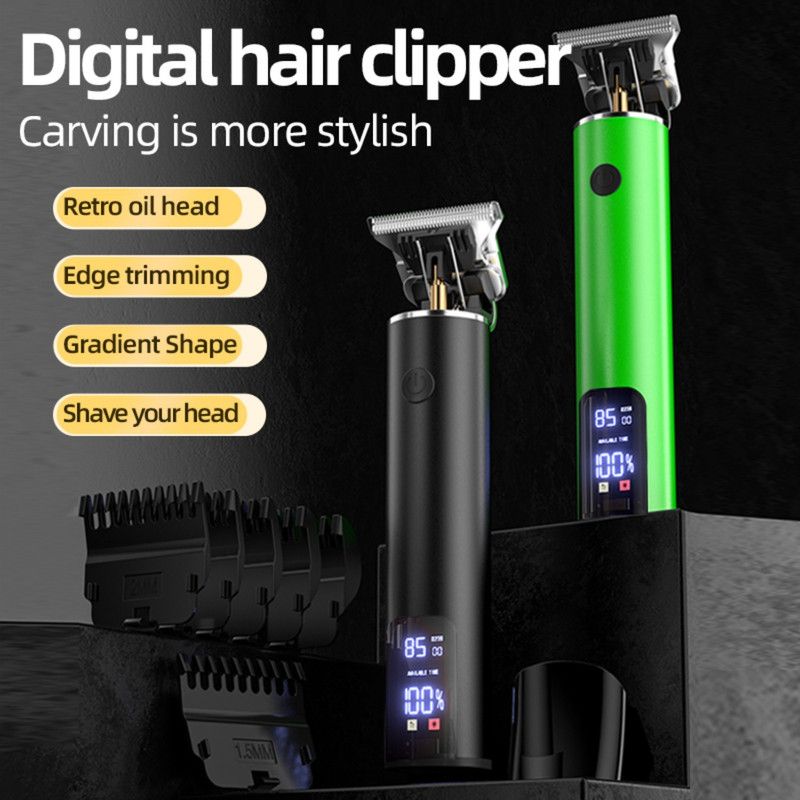 Digital Display Hair Clipper, Professional T-Blade Trimmer for Bald Heads & Hair Carving—Black