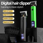 Professional Digital Display Hair Clipper, Multi-Accessory T-Blade Trimmer for Bald Heads & Hair Carving—Black