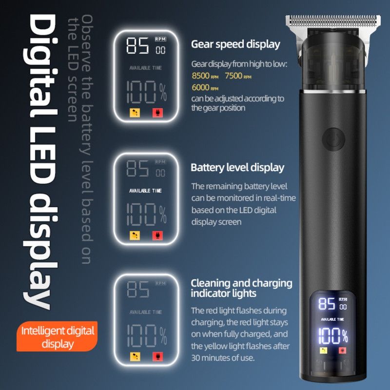 Professional Digital Display Hair Clipper, Multi-Accessory T-Blade Trimmer for Bald Heads & Hair Carving—Black