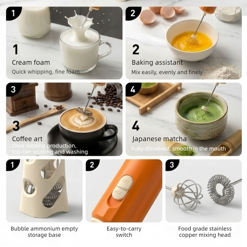 Rechargeable Mini Electric Milk Frother, Portable Handheld Coffee Foam Maker & Egg Beater—Orange