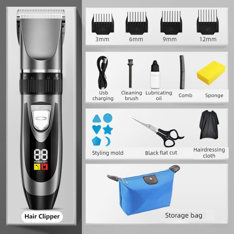 Digital Display Electric Hair Clipper, Rechargeable Hair Trimmer for Adults & Kids, Multiple Attachments—Black