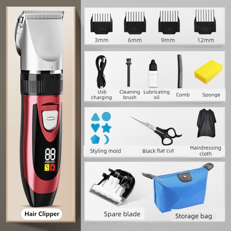 Digital Display Electric Hair Clipper, Rechargeable Hair Trimmer for Adults & Kids, Includes a Free Replacement Blade—Red