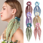 Printed Pleated Scarf Scrunchie, Elegant Long Ribbon Hair Tie for Women—Ponytail Hair Accessories (3-Pack)—Blue