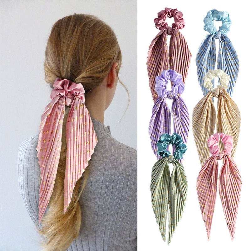 Printed Pleated Scarf Scrunchie, Elegant Long Ribbon Hair Tie for Women—Ponytail Hair Accessories (3-Pack)—Blue