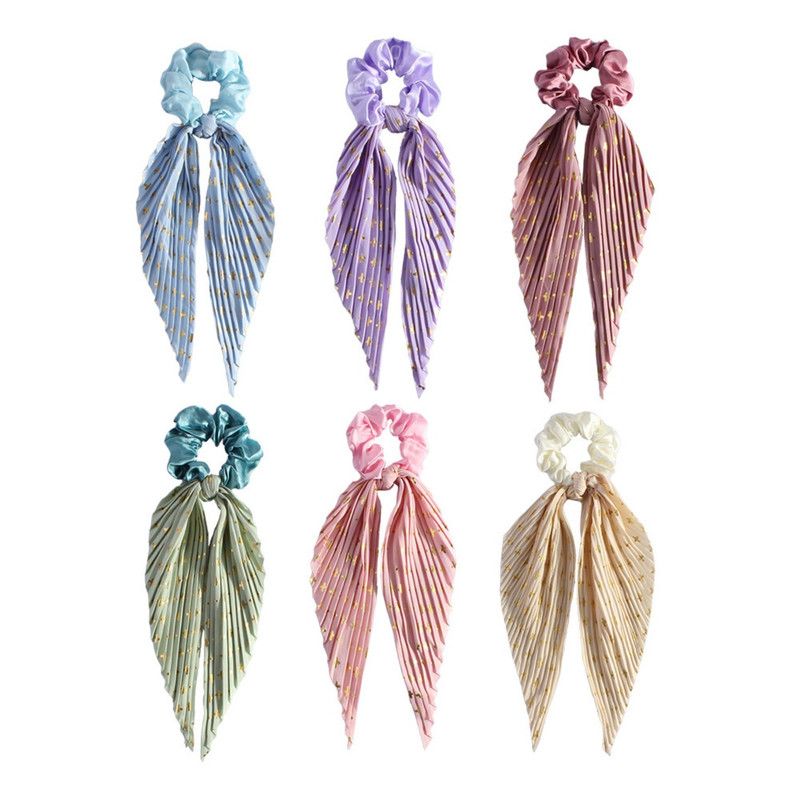 Printed Pleated Scarf Scrunchie, Elegant Long Ribbon Hair Tie for Women—Ponytail Hair Accessories (3-Pack)—Blue