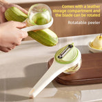 Rotatable Vegetable Peeler with Peel Storage Container, Anti-Splash Stainless Steel Peeling Tool—Beige
