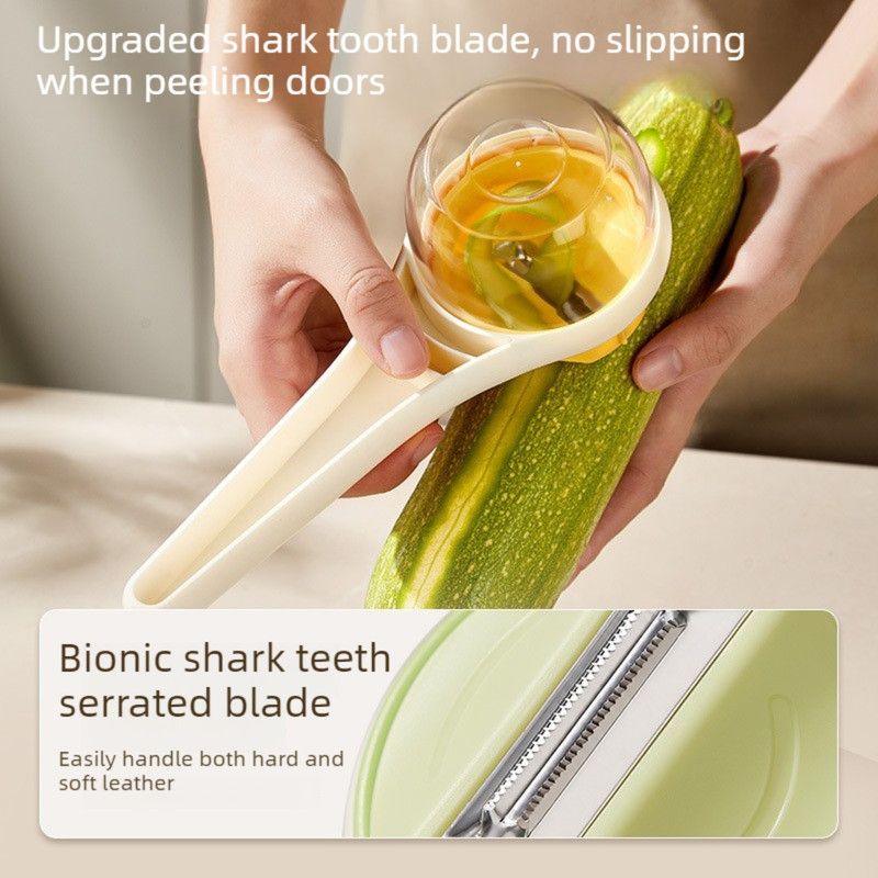 Rotatable Vegetable Peeler with Peel Storage Container, Anti-Splash Stainless Steel Peeling Tool—Beige