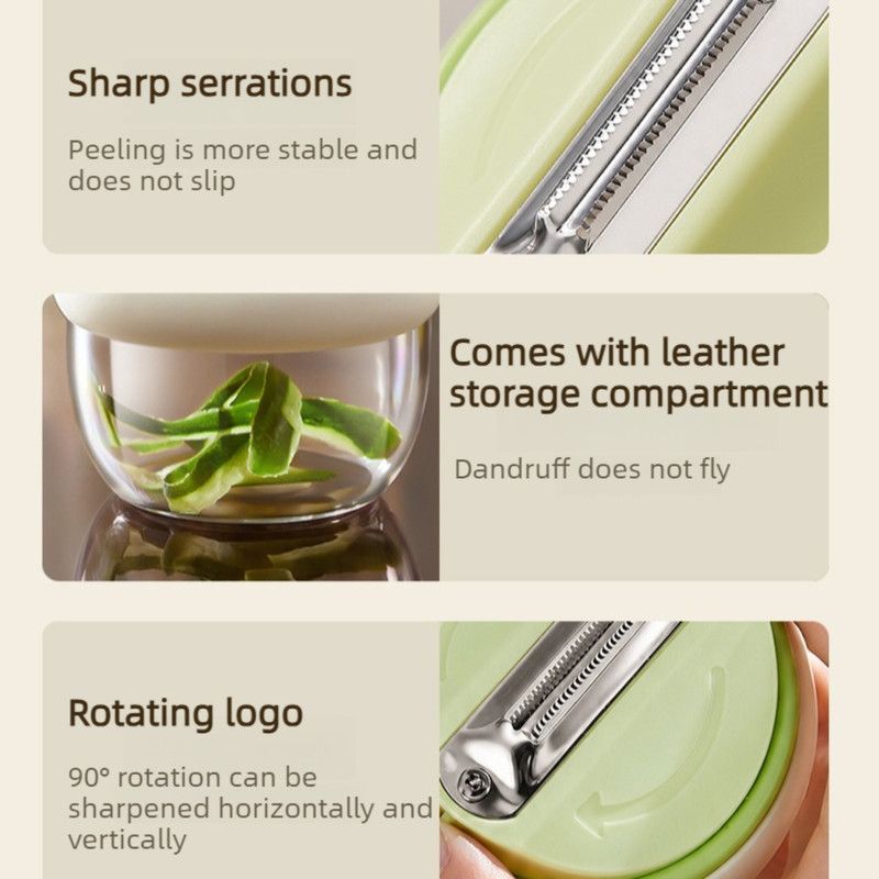 Rotatable Vegetable Peeler with Peel Storage Container, Anti-Splash Stainless Steel Peeling Tool—Beige