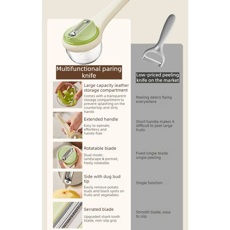 Rotatable Vegetable Peeler with Peel Storage Container, Anti-Splash Stainless Steel Peeling Tool—Beige