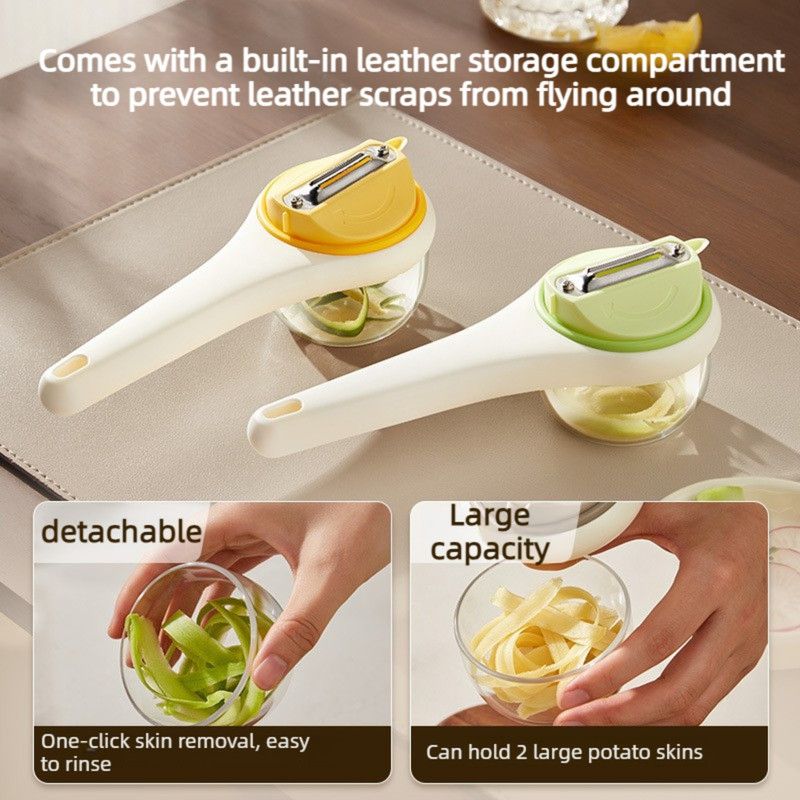 Rotatable Vegetable Peeler with Peel Storage Container, Anti-Splash Stainless Steel Peeling Tool—Yellow