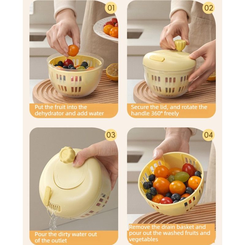 Hand-Crank Fruit & Vegetable Spinner, Manual Salad Dryer, Kitchen Washing and Draining Basket—Yellow