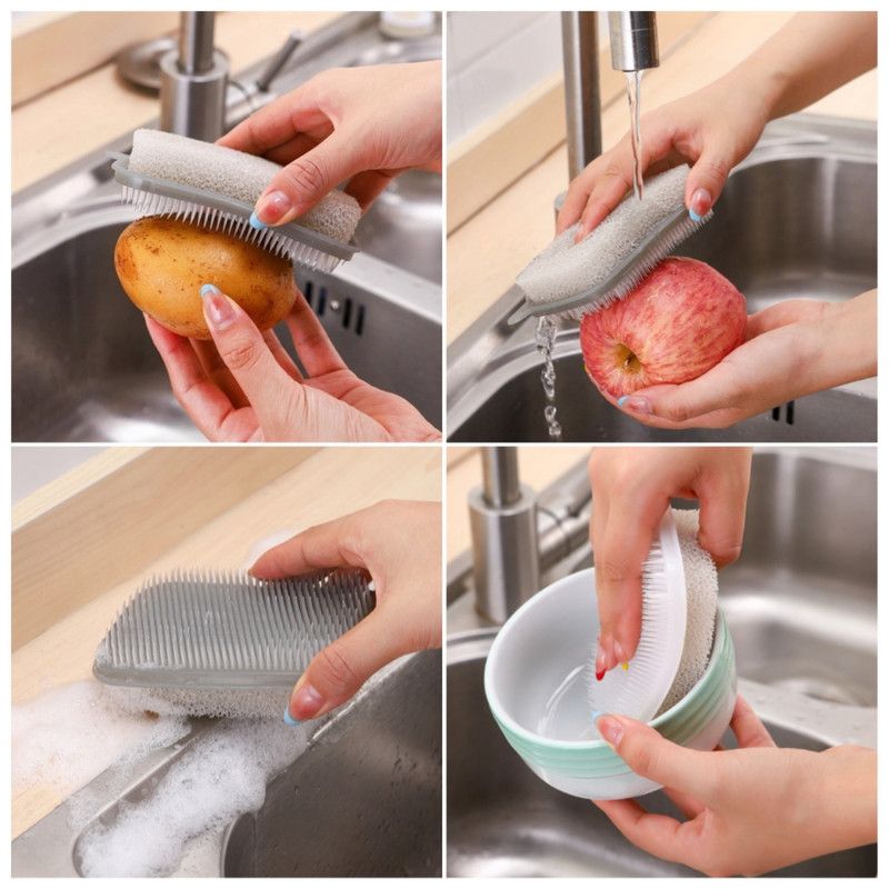 Double-Sided Fruit and Vegetable Cleaning Brush, Flexible Multi-Purpose Kitchen Washing Brush—White