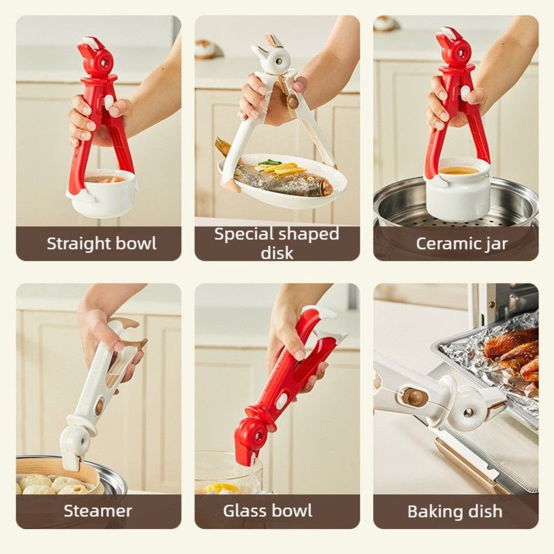 2-in-1 Anti-Slip Heat-Resistant Bowl Clamp, High-Temperature-Resistant Plate Lifter, Baking Tray Tongs—Red