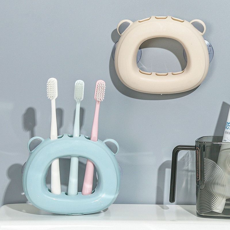 Bear-Shaped Suction Cup Toothbrush Holder, Wall-Mounted Bathroom Storage Rack—Beige