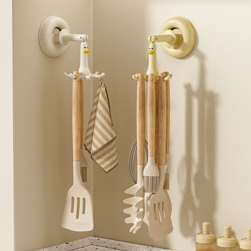Duck Suction Cup Rotatable Hook, No-Drill 6-Claw Hanger for Kitchen and Bathroom—White