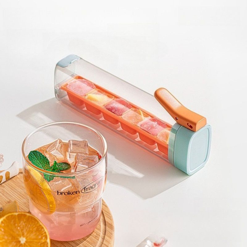 One-Hand Press Ice Tray 6-Grid Food-Grade Ice Cube Maker Storage Box—Orange