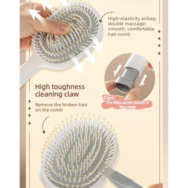 Air Cushion Massage Comb, Anti-Static Paddle Hair Brush with Cleaning Tool—White