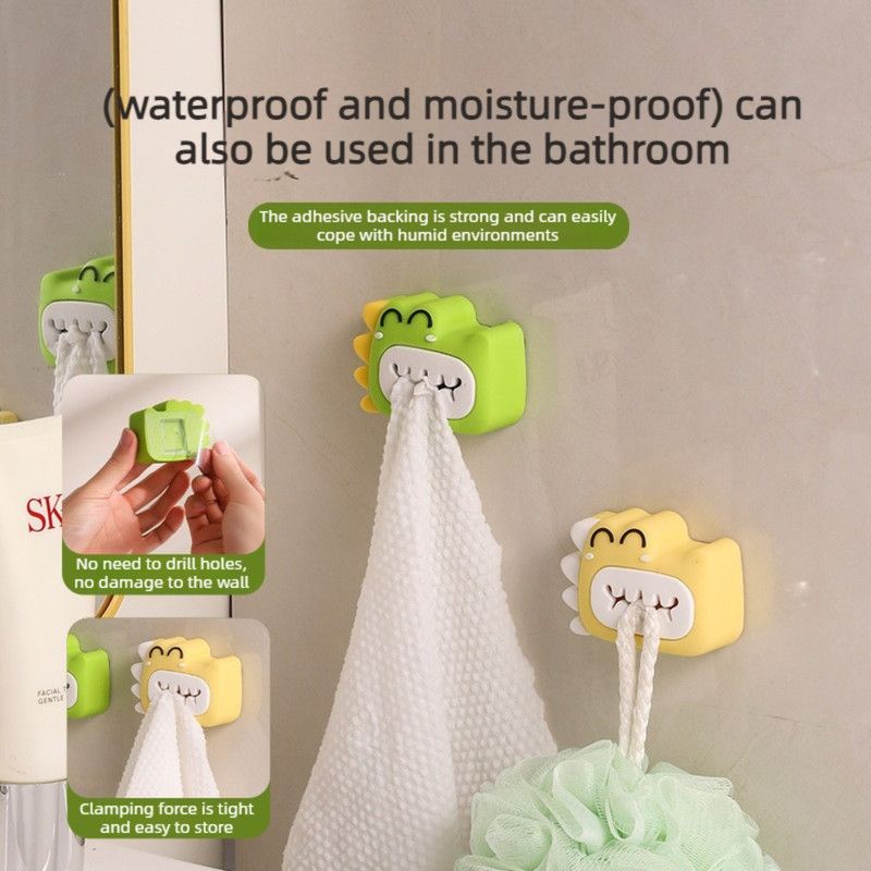Dinosaur Bite Clip, No-Drill Towel Clip, Bathroom Face Towel Storage Hook—Green
