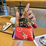 Mini Printed Leather Coin Purse with Tassel Keychain and Earphone Storage Pouch - Red