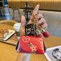 Mini Printed Leather Coin Purse with Tassel Keychain and Earphone Storage Pouch - Red