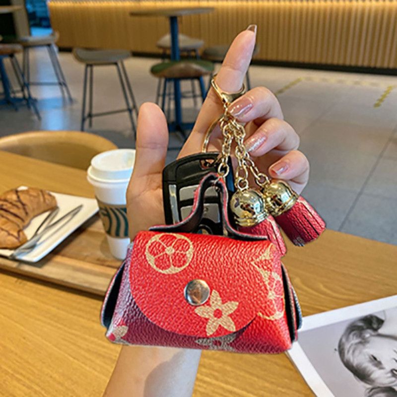 Mini Printed Leather Coin Purse with Tassel Keychain and Earphone Storage Pouch - Red