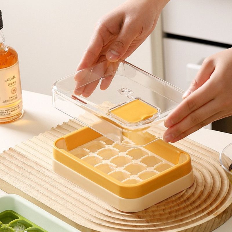 Zero-Touch Press Ice Cube Tray, Food-Grade Ice Storage Box for Refrigerator—Green