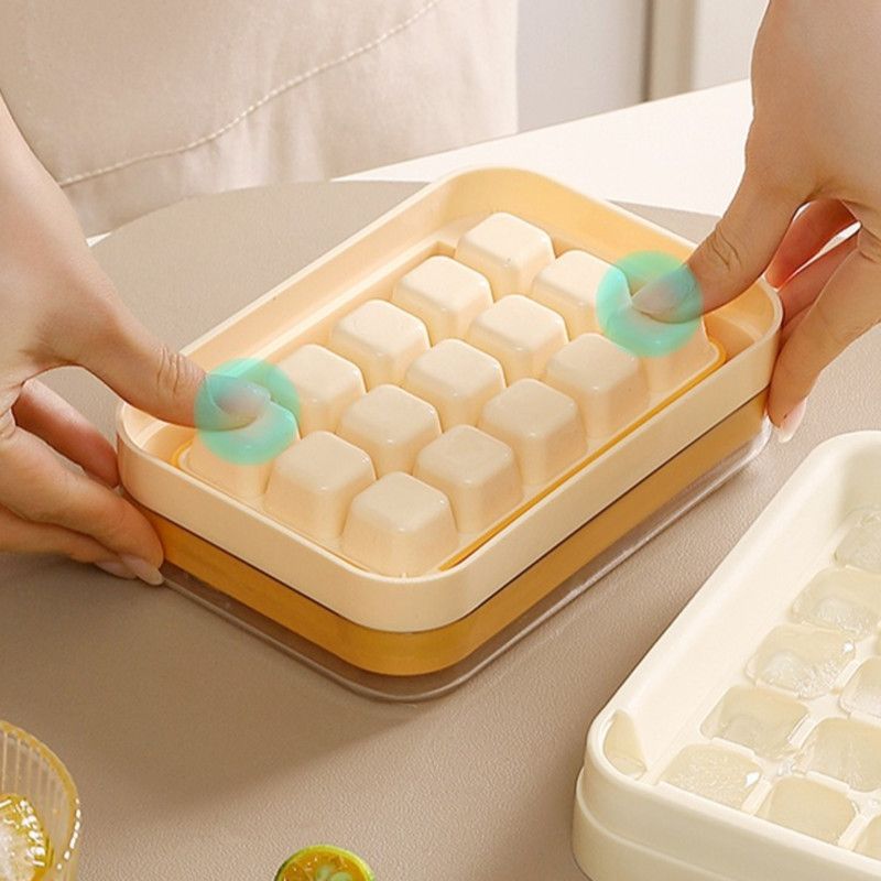 Zero-Touch Press Ice Cube Tray, Food-Grade Ice Storage Box for Refrigerator—Green