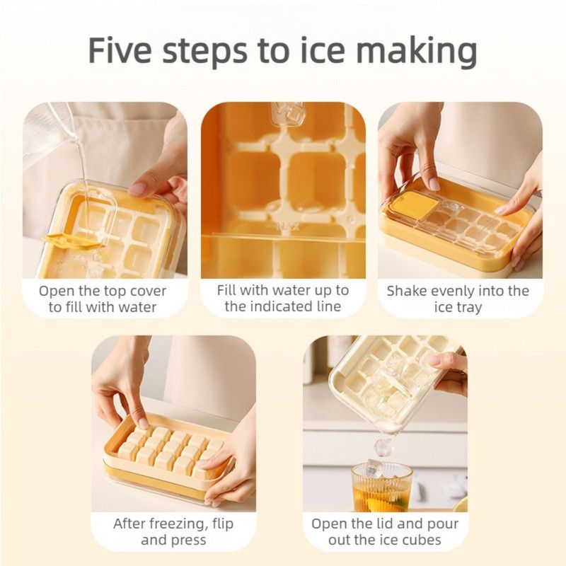 Zero-Touch Press Ice Cube Tray, Food-Grade Ice Storage Box for Refrigerator—Green