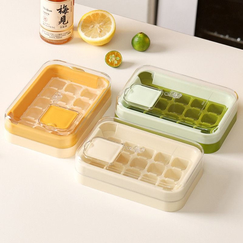 Zero-Touch Press Ice Cube Tray, Food-Grade Ice Storage Box for Refrigerator—Green