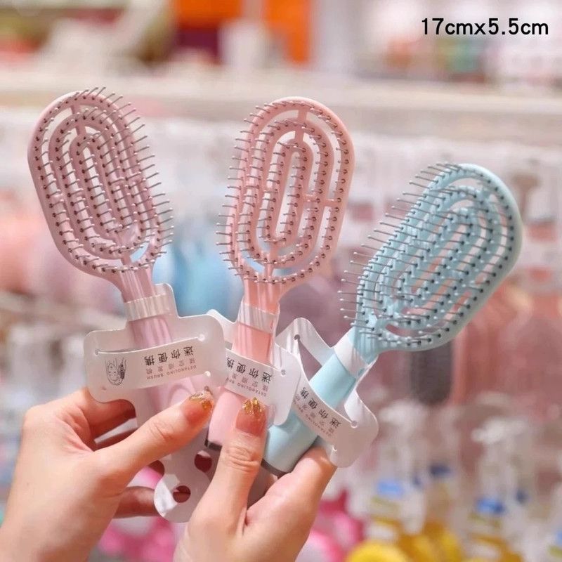 Mini Portable Standing Bone Comb for Women: Fluffy Hair Brush with Scalp Massage Cushion—Pink