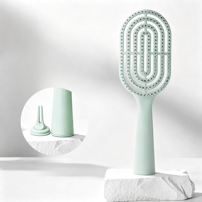 Standable Long Handle Bone Comb Women Fluffy Hair Brush Curly Hair Scalp Massage Comb—Green
