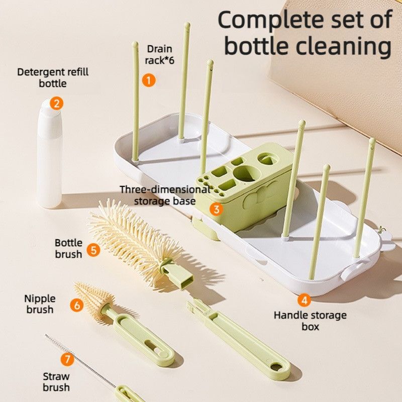 7-in-1 Bottle Brush Set, Portable Infant Bottle Cleaning Kit with Drying Rack—Green