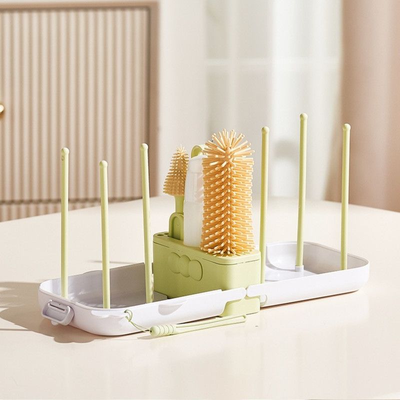 7-in-1 Bottle Brush Set, Portable Infant Bottle Cleaning Kit with Drying Rack—Green