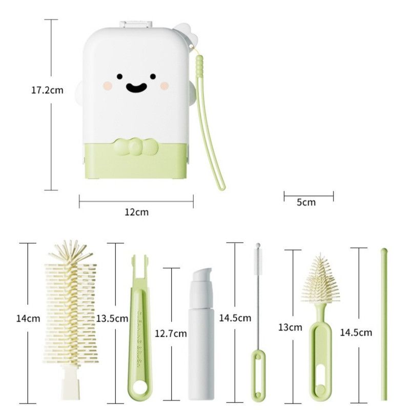7-in-1 Bottle Brush Set, Portable Infant Bottle Cleaning Kit with Drying Rack—Green