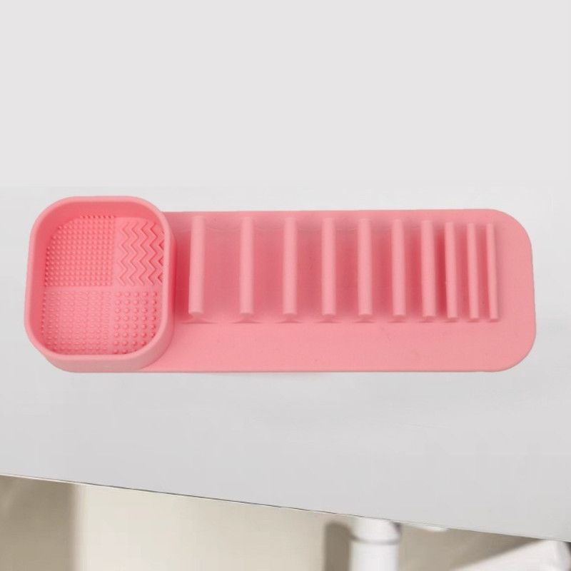Wall-Mount Silicone Makeup Brush Holder, 2-in-1 Cleaning & Drying Cosmetic Brush Organizer—Pink