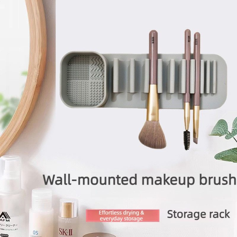 Wall-Mount Silicone Makeup Brush Holder, 2-in-1 Cleaning & Drying Cosmetic Brush Organizer—Pink