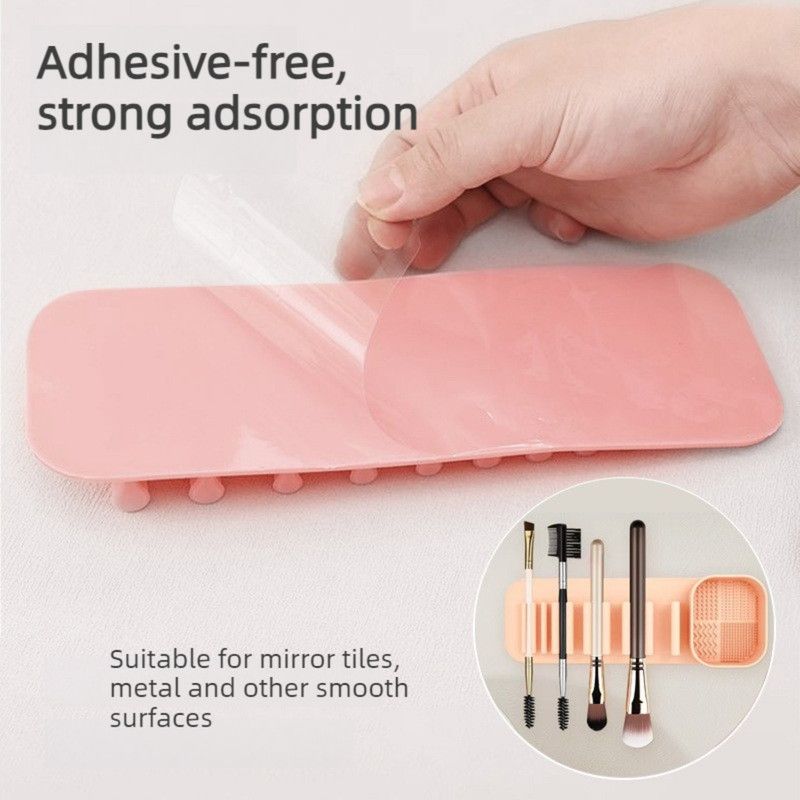 Wall-Mount Silicone Makeup Brush Holder, 2-in-1 Cleaning & Drying Cosmetic Brush Organizer—Pink