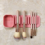 Wall-Mount Silicone Makeup Brush Holder, 2-in-1 Cleaning & Drying Cosmetic Brush Organizer—Pink