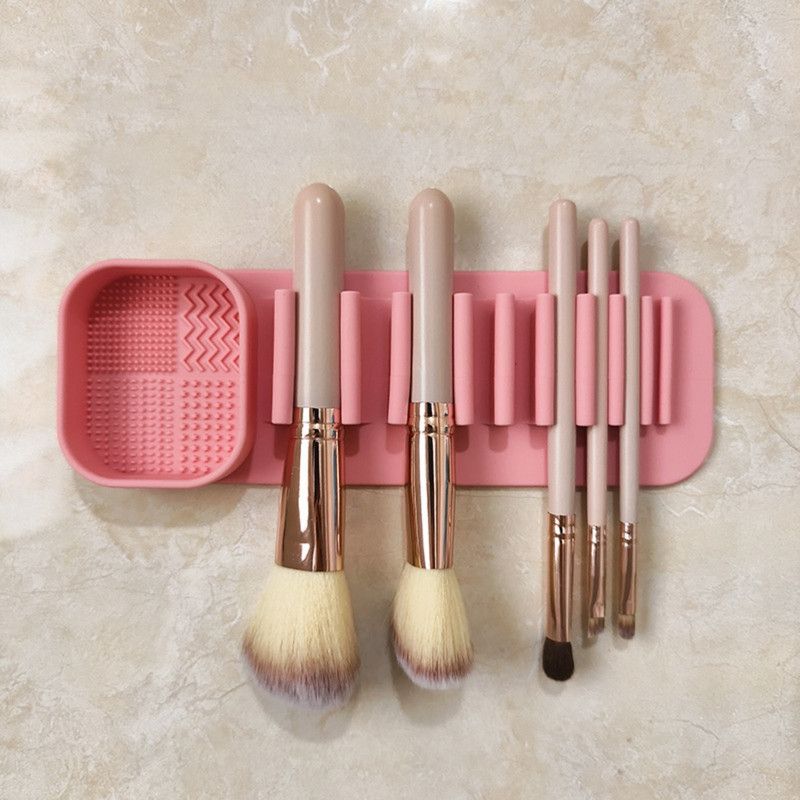Wall-Mount Silicone Makeup Brush Holder, 2-in-1 Cleaning & Drying Cosmetic Brush Organizer—Pink