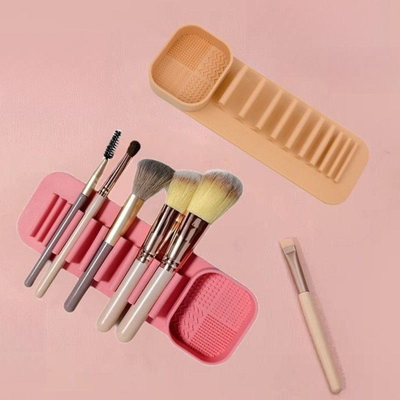 Wall-Mount Silicone Makeup Brush Holder, 2-in-1 Cleaning & Drying Cosmetic Brush Organizer—Pink