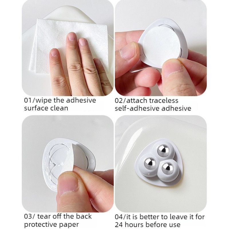 Self-Adhesive 3-Ball Caster Wheels, No-Drill Paste-On Rollers for Storage Boxes, 4-Piece Set-S-White