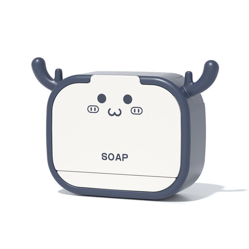 Cute Antler Soap Dish, No-Drill Wall-Mounted Soap Holder with Lid, Drainage Design, Single Compartment - Blue